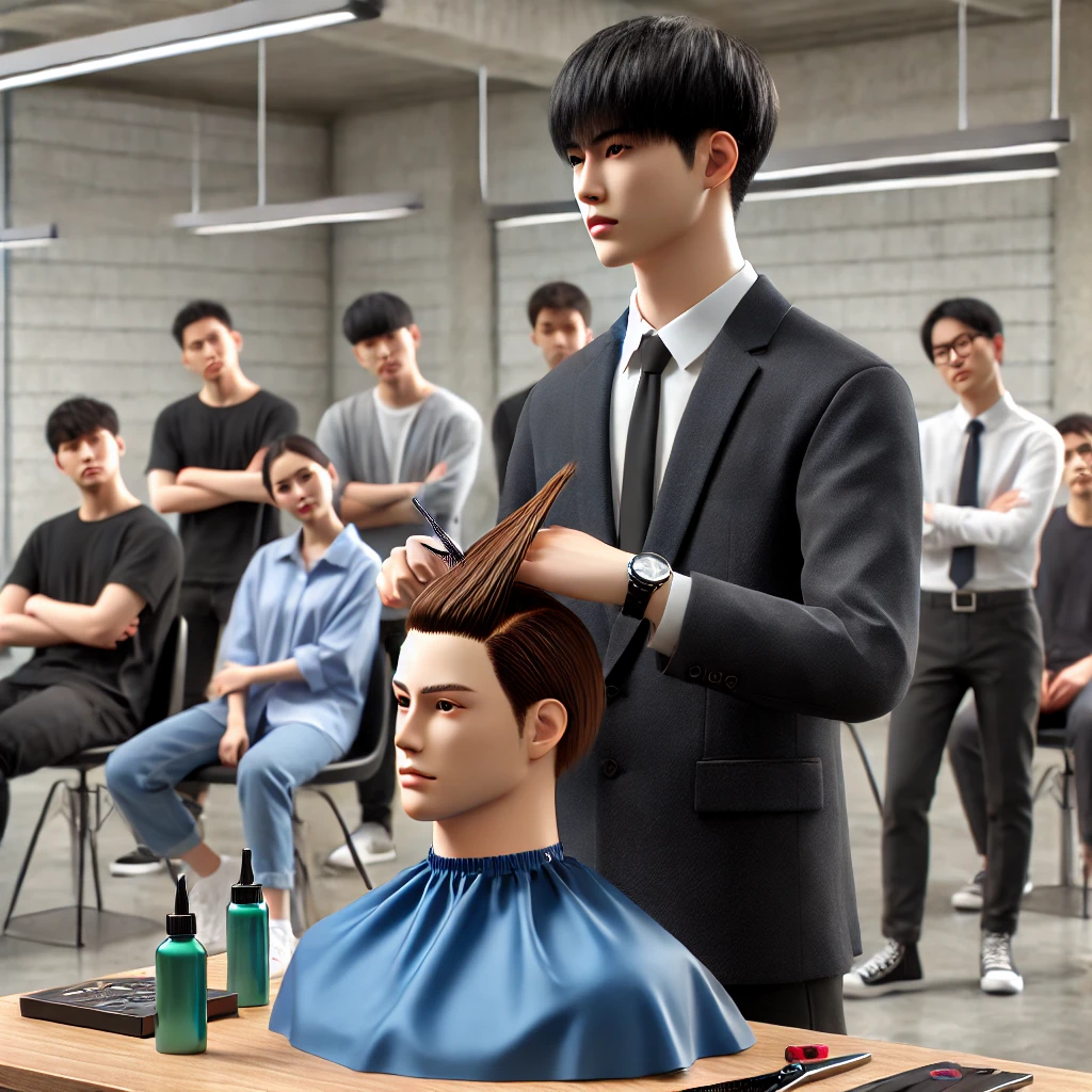 미용사가 실기 시험 중 마네킹 머리를 커트하는 모습. 주변에는 시험관들이 관찰하고 있으며 집중된 시험장의 분위기가 느껴짐
