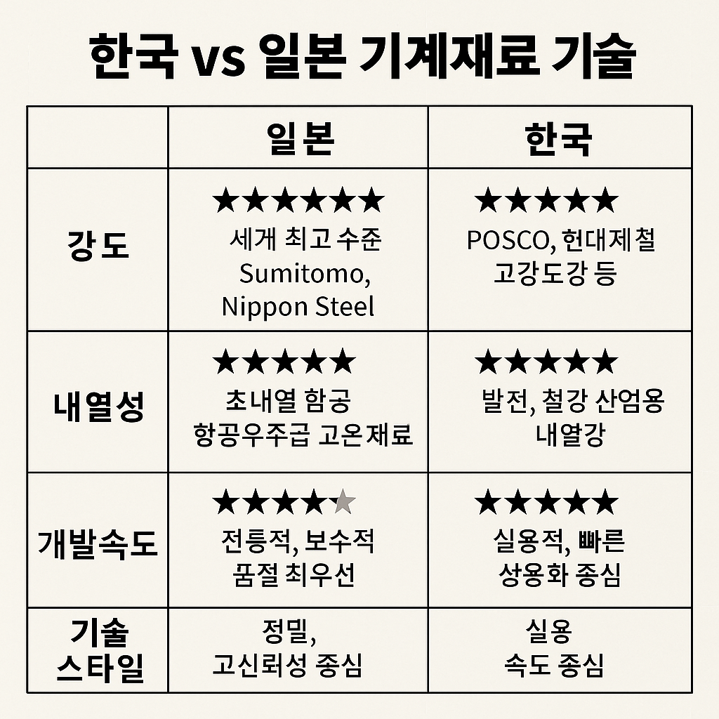 한국 vs 일본 기계재료 기술 (강도, 내열성, 개발속도)
