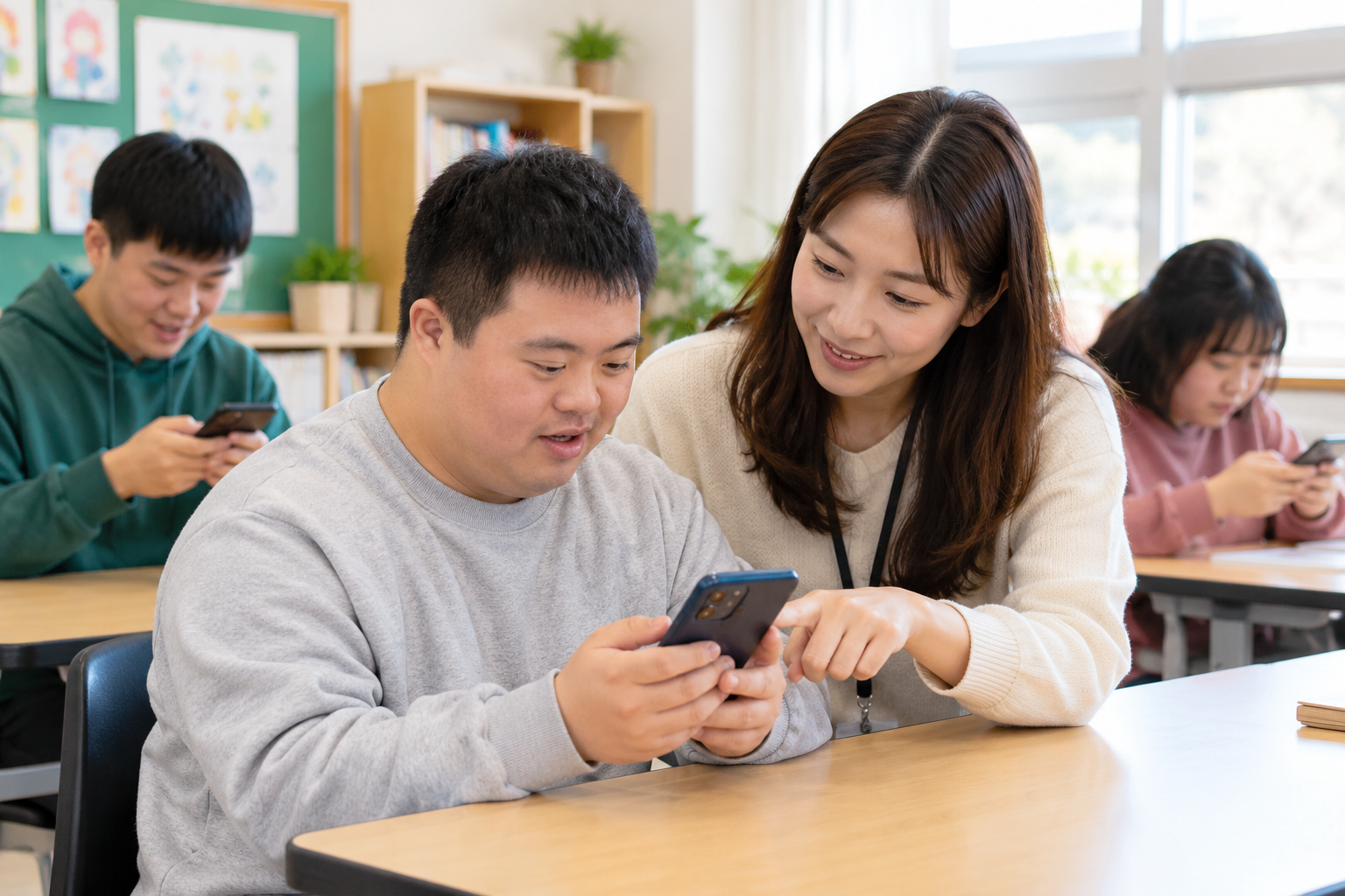 SNS 사용법을 배우고 있는 모습