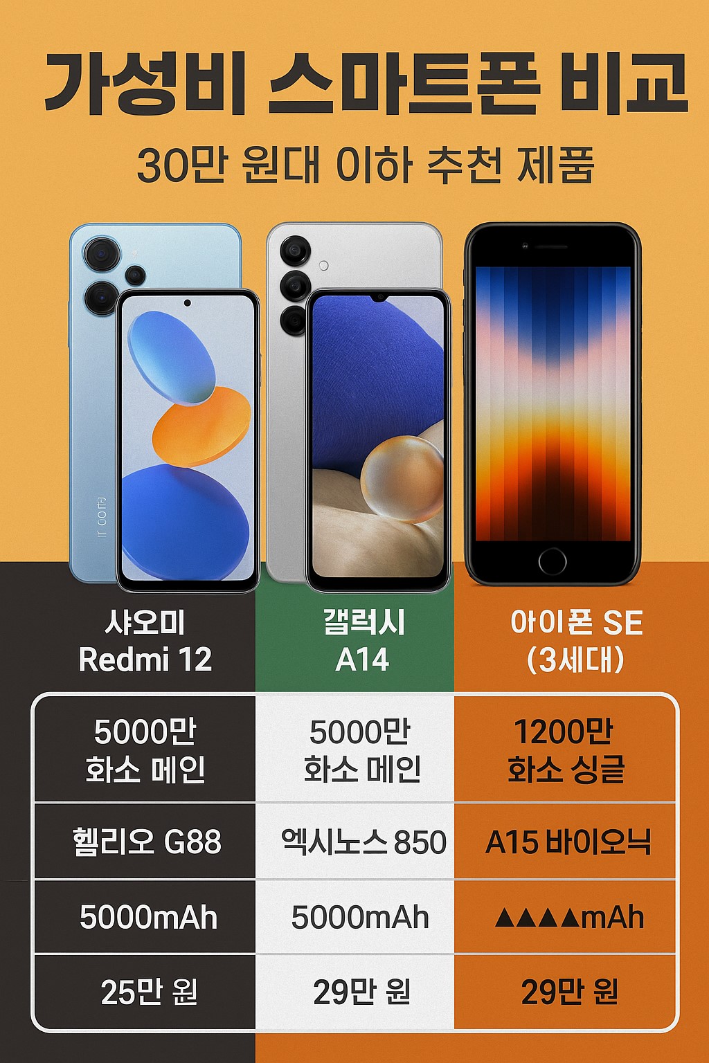 30만 원대 가성비 스마트폰 추천 인포그래픽: 샤오미&middot;삼성&middot;아이폰 SE 장단점 요약