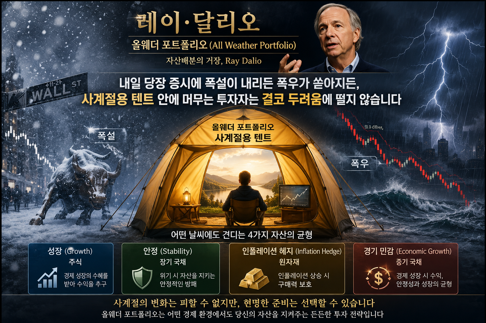 레이 달리오 올웨더 포트폴리오, 자산배분의 거장, 주식, 장기국채, 원자재, 중기 국채
