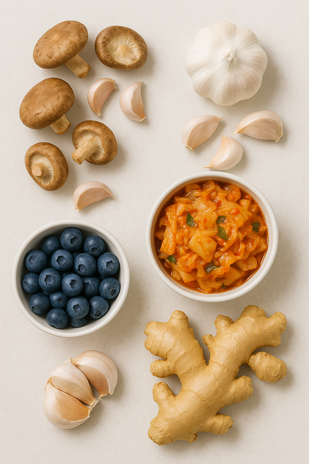 NK세포 기능을 도와주는 표고버섯, 마늘, 김치 등 건강 식재료 이미지