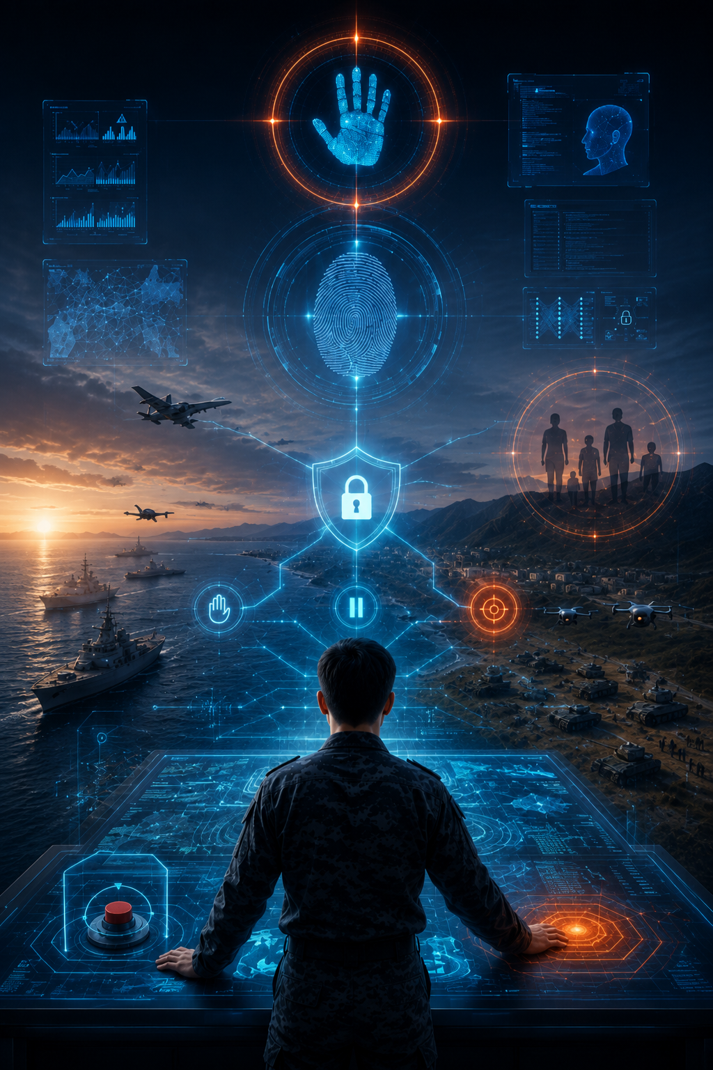 Futuristic military command scene showing a Korean officer at a digital battlefield table connecting naval ships, aircraft, drones, and ground forces, with AI data interfaces, biometric symbols, cybersecurity controls, and human decision points representing integrated military education, data security, and command responsibility in AI-enabled warfare.