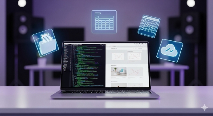 클로드의 강력한 기능인 코딩 시각화(Artifacts), 파일 및 데이터 정리(Co-work), 그리고 고도의 지능을 상징하는 요소들을 담은 이미지