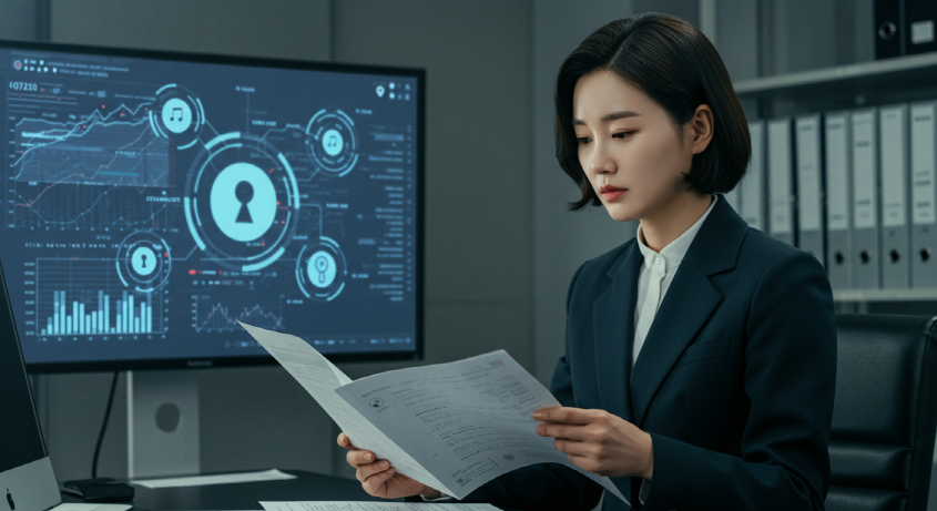 개인정보 보호 관련 서류를 검토하는 한국 정부 관계자