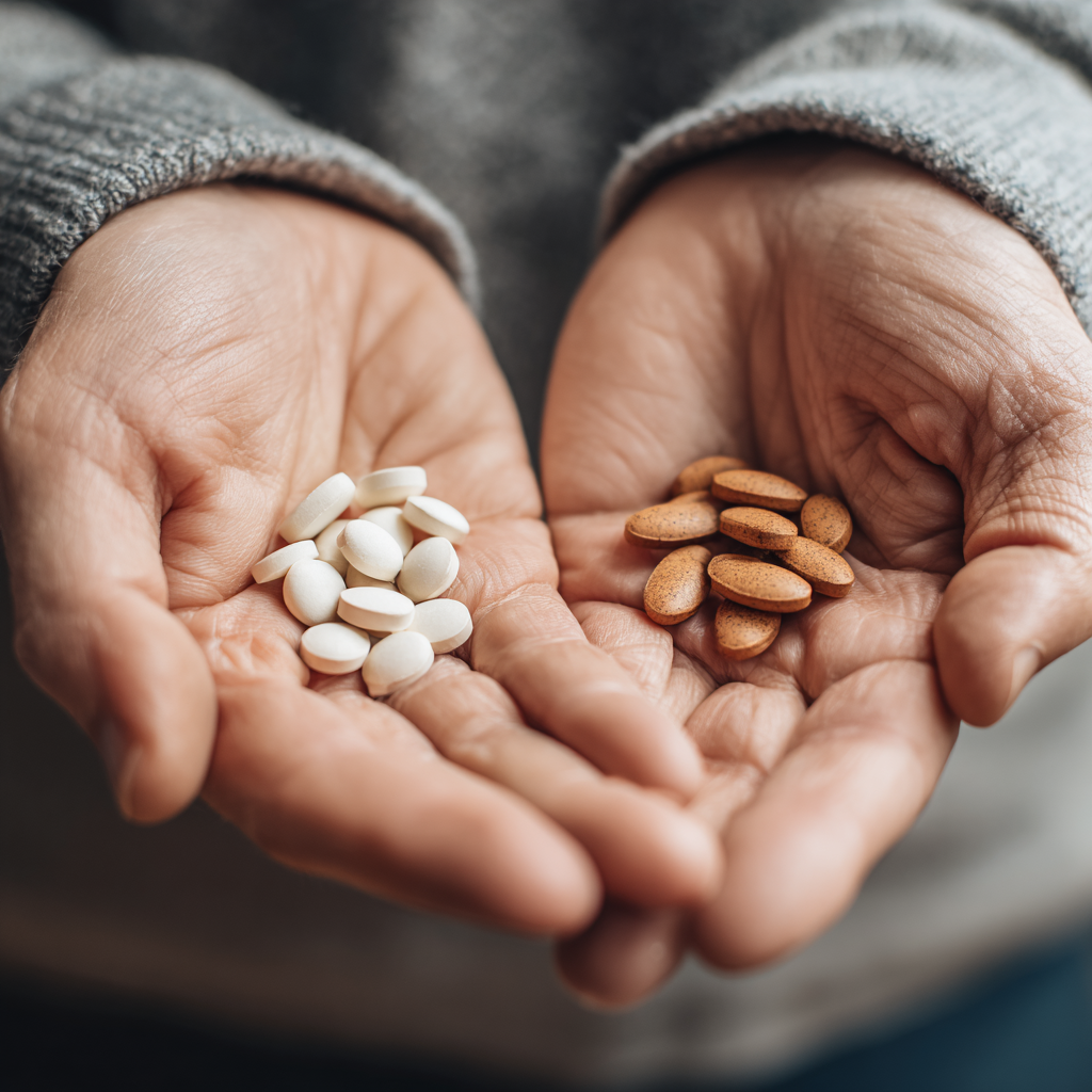 타이레놀과 이브로펜을 손에들고있는 실사형이미지