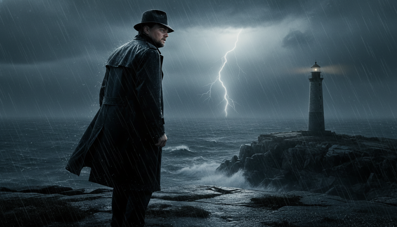 폭풍우 치는 셔터 아일랜드 절벽에 홀로 서서 망망대해를 바라보는 레오나르도 디카프리오. 비바람 속에서 고뇌하는 표정을 짓고 있으며, 어둡고 미스터리한 분위기가 인상적인 심리 스릴러 영화의 한 장면.