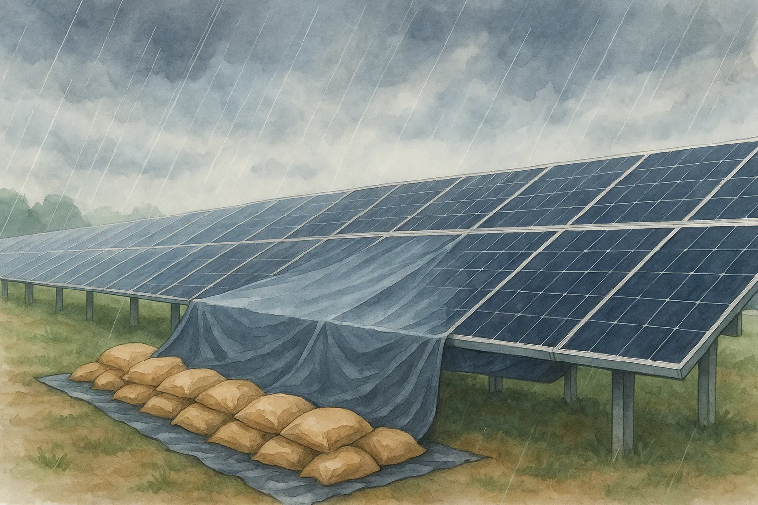 장마철 대비를 위해 방수포와 모래주머니로 보호된 태양광 패널