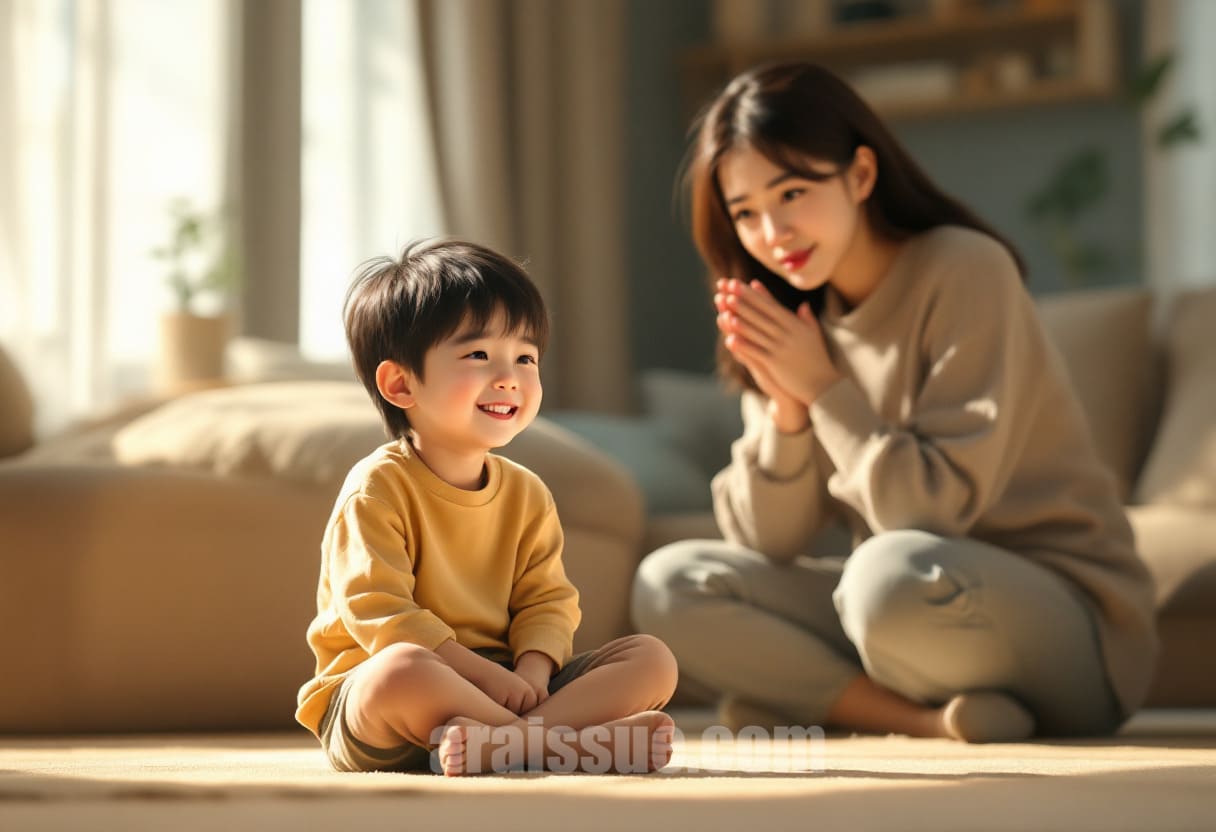 "5~6세 마른 한국 남자아이가 거실 바닥에 앉아 밝게 웃으며 놀고 있고, 바닥에 앉은 엄마는 손을 모은 채 아이를 응시하며 다소 진지한 분위기를 자아내고 있다."