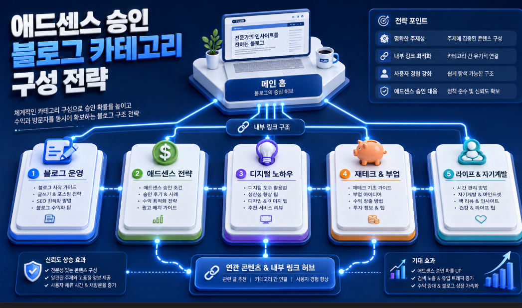 애드센스 승인을 위한 3~5개 카테고리 압축 전략 및 전문성 분석 도표