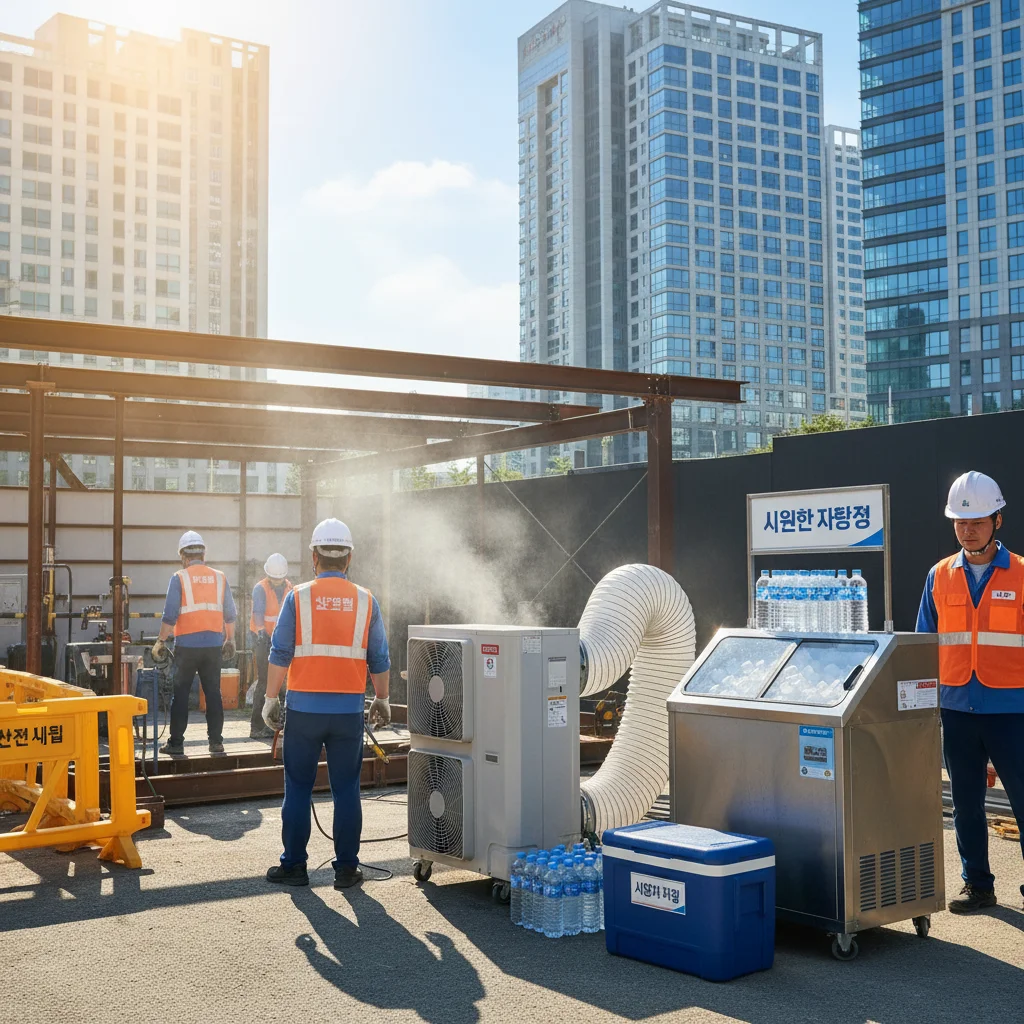 안전모를 착용한 근로자들이 일하는 소규모 건설 현장에 이동식 에어컨과 제빙기 등 폭염 예방 장비가 설치되어 쾌적한 작업 환경이 조성된 모습