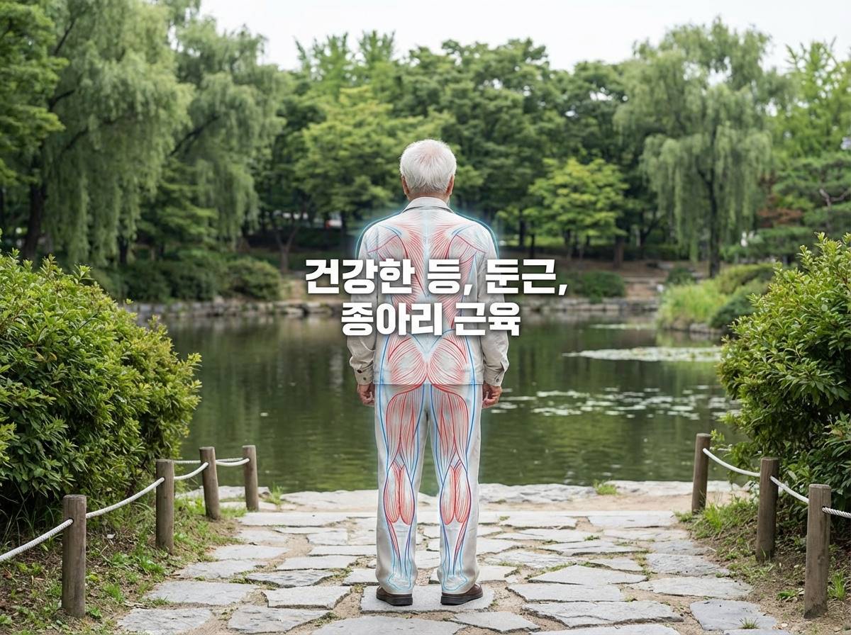 노년층 남성이 바른 자세로 서 있는 모습과 그 뒷모습에 등, 엉덩이, 종아리 근육이 강조된 해부학적 그래픽이 겹쳐진 장면