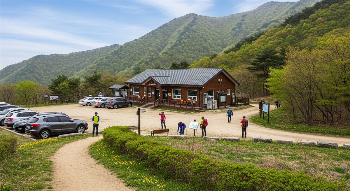 고려산 등산로 입구와 주변 공간이 보이는 전경 