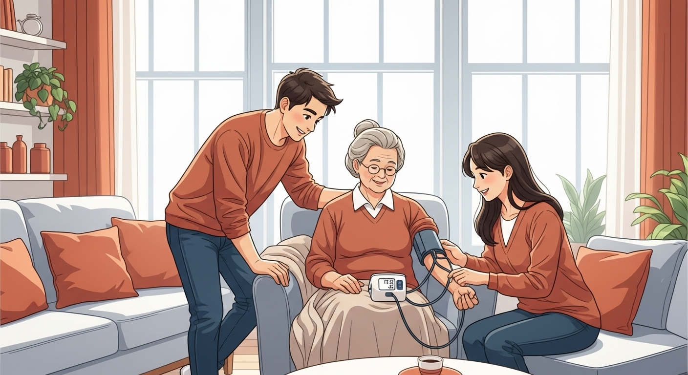 편안한 집에서 가족들이 서로의 혈압을 측정하며 건강을 챙기는 따뜻한 모습. 가정용 혈압계가 보이며, 화목한 분위기를 연출.