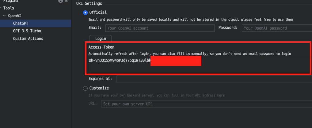 Official API key access token