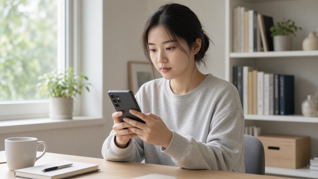 거실 소파에서 갤럭시 휴대폰 설정 화면을 확인하는 한국인 여성