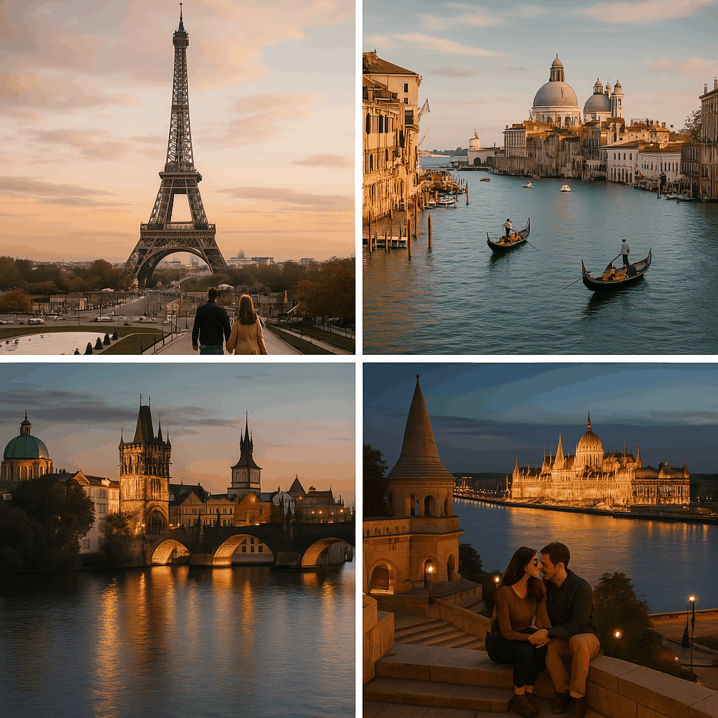 유럽의 낭만적인 도시들을 대표하는 파리, 베네치아, 프라하, 부다페스트의 풍경을 담은 이미지