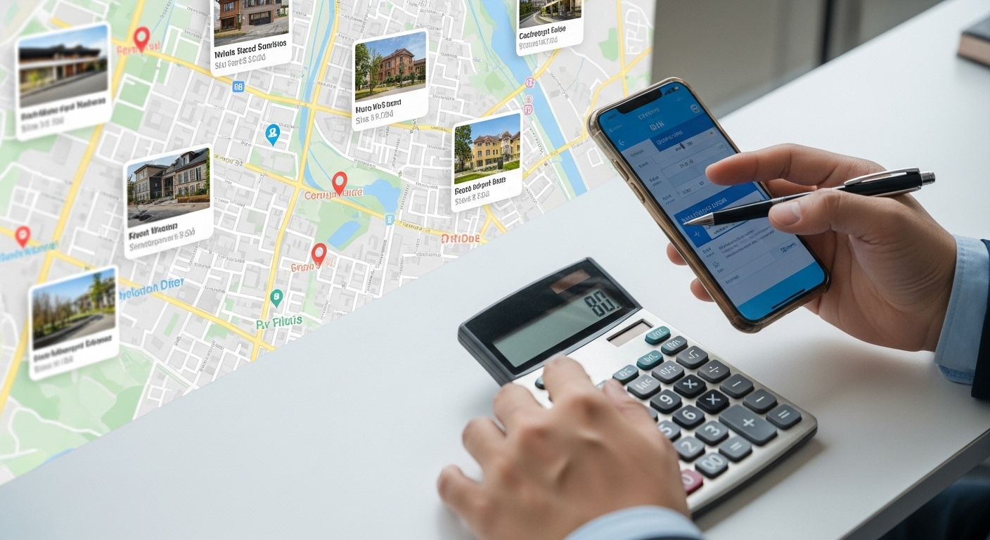 스마트폰 앱과 계산기를 이용해 적정 월세 시세를 확인하는 모습