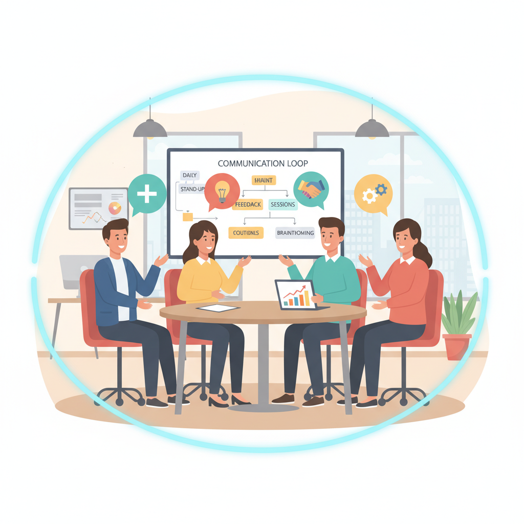 직장인들이 커뮤니케이션 루틴을 통해 긍정적 대화와 협업 능력을 향상시키는 모습을 나타낸 일러스트 (이미지 생성:google)