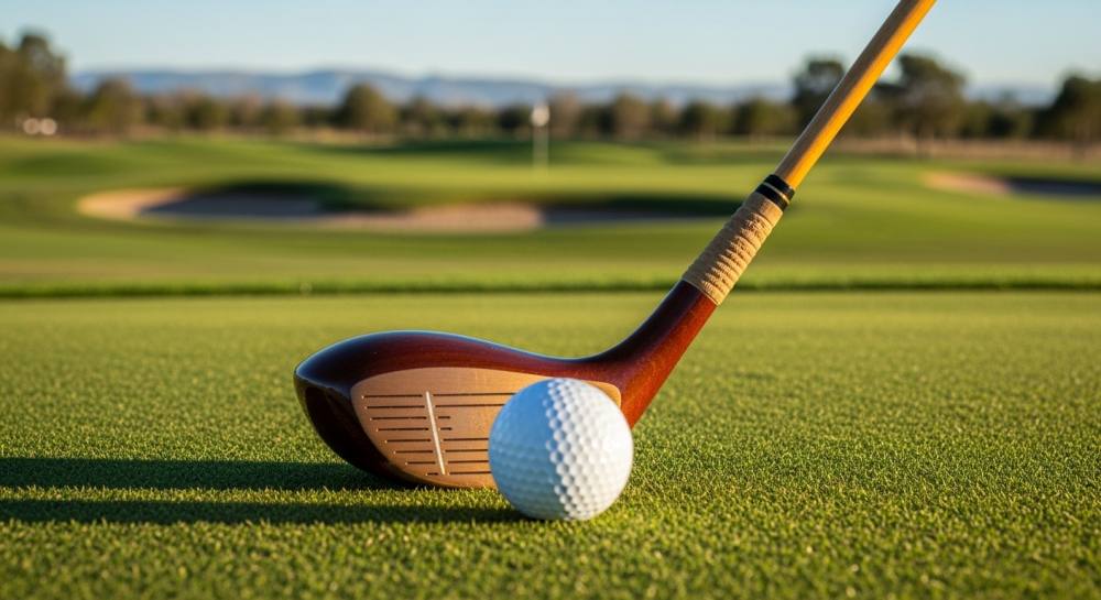 필드에 골프채와 골드공 올라와있는 사진