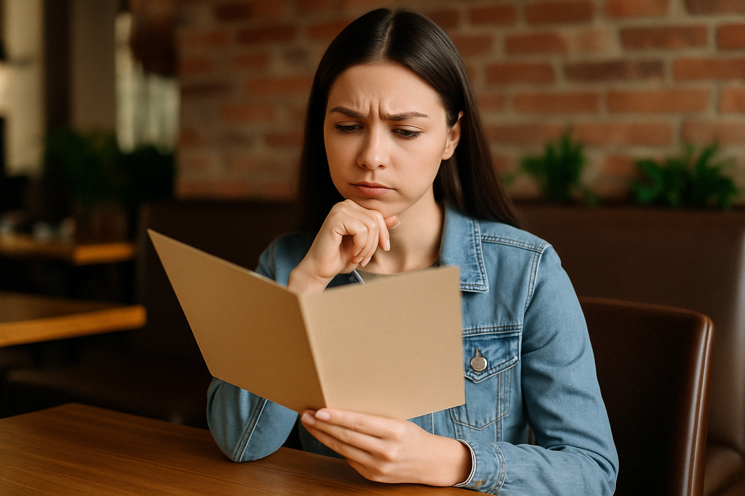 레스토랑 테이블에 앉아 있는 사람들과 메뉴판을 고르는 장면을 담은 일러스트로&amp;#44; 식당에서 주문을 고민하는 상황을 따뜻하게 표현합니다.