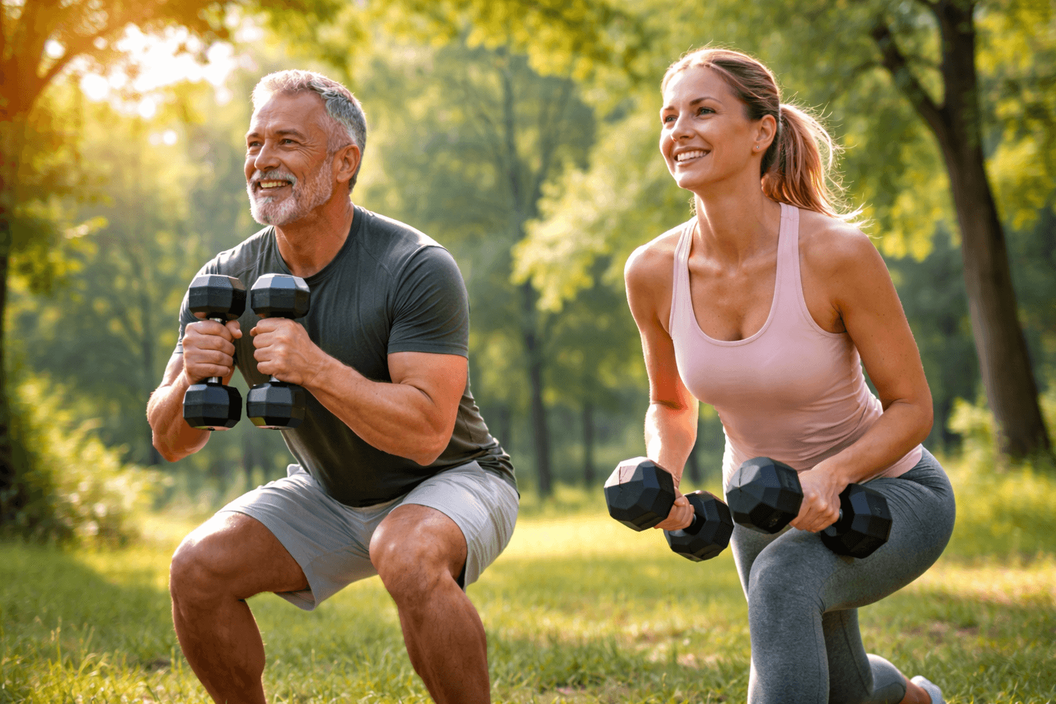 기억력이 떨어지는 이유와 뇌 건강을 위해 공원에서 근력 운동을 하는 중년 남녀