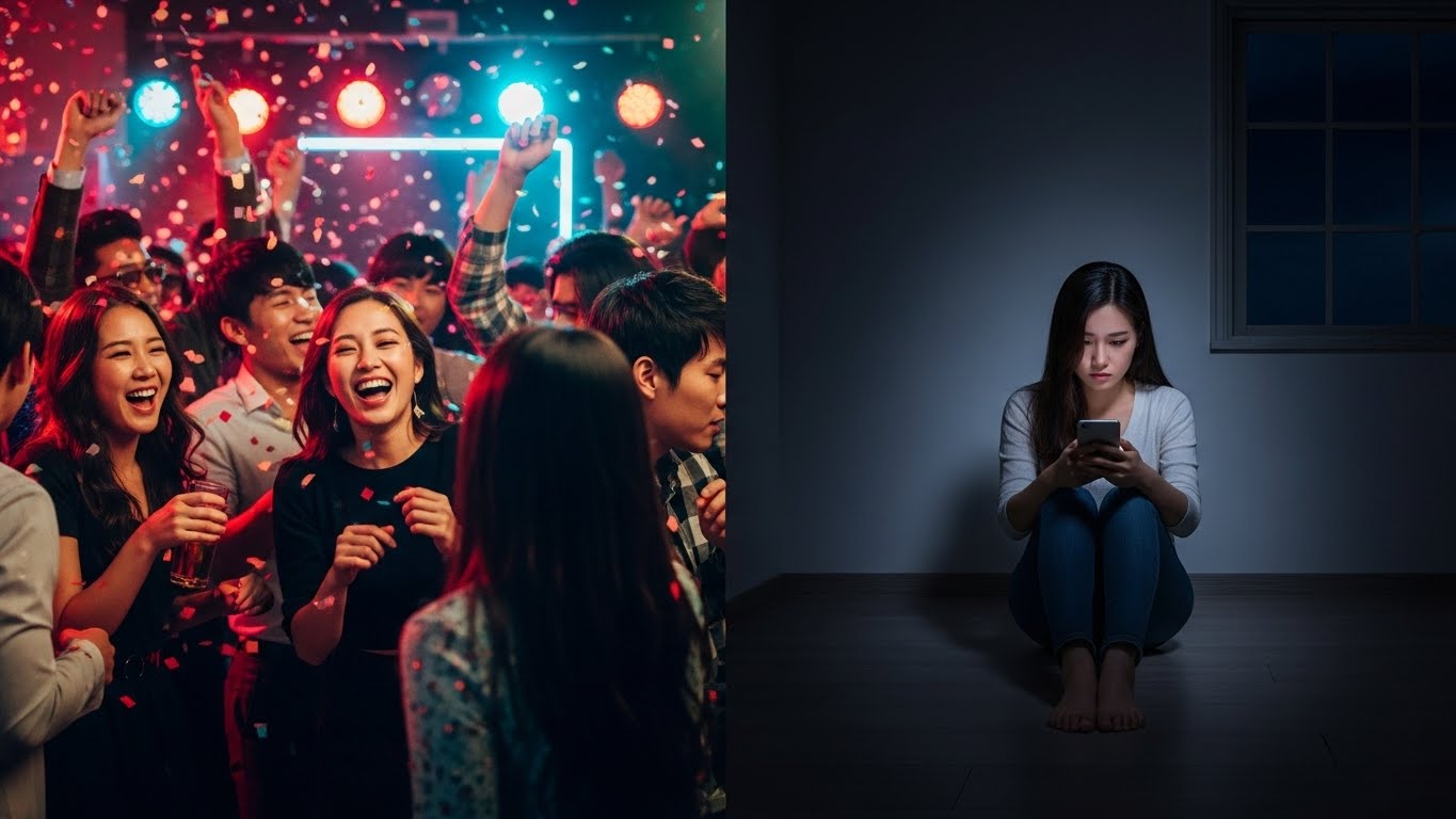 화려한 SNS 속 세상과 자신의 현실을 비교하며 소외감을 느끼는 심리적 대비