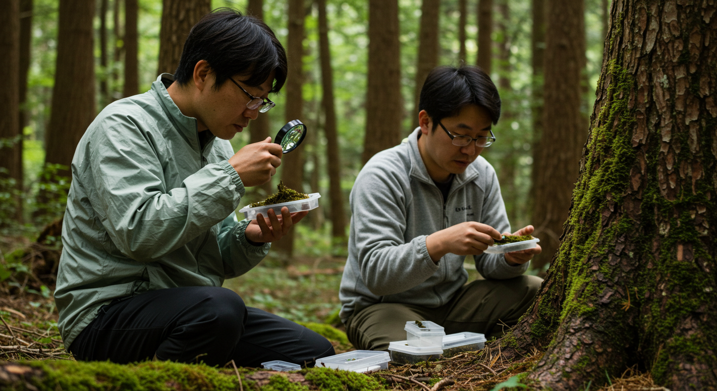 이끼를 관찰하고 채집하는 사람들 사진