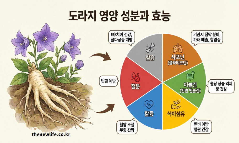 도라지 효능을 구성하는 다양한 영양 성분을 시각화한 표 이미지