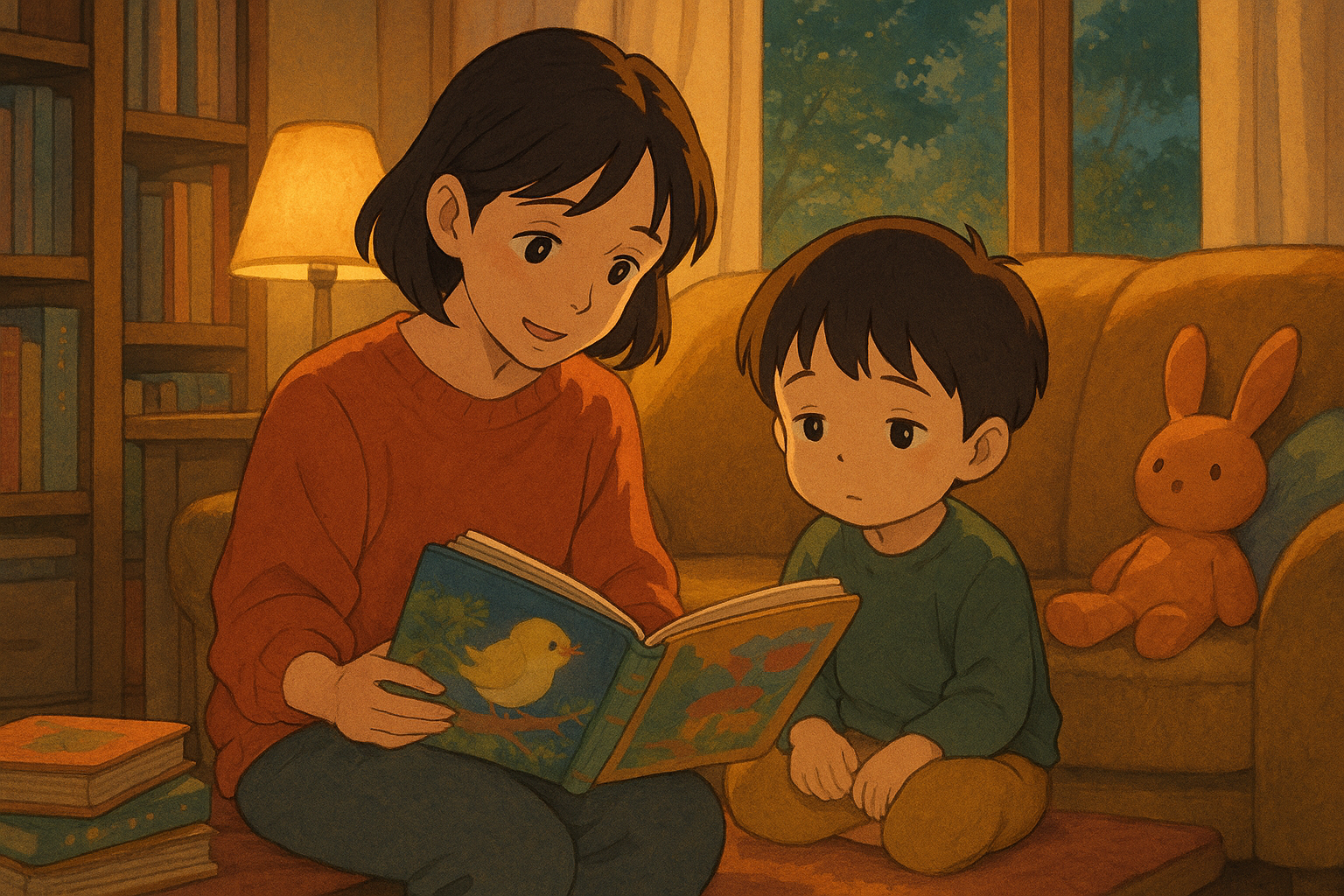 “책 읽는 엄마와 말이 늦은 아이, 지브리 스타일 일러스트”