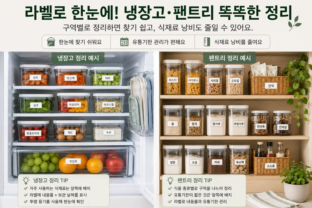 라벨을 활용해 냉장고와 팬트리를 구역별로 정리한 모습으로 식재료를 종류별로 분류하고 날짜를 표시해 보관 효율을 높인 주방 수납 예시