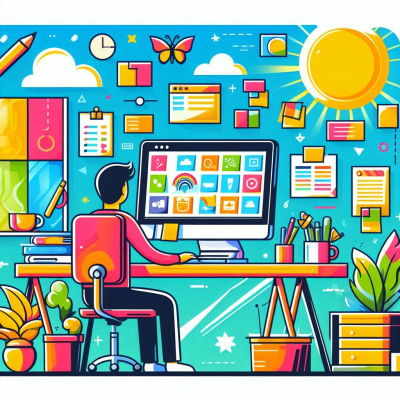 다채로운 배경 속에서 컴퓨터를 활용하는 남성, 화면과 벽면에는 다양한 디지털 아이콘과 메모지가 떠 있음.