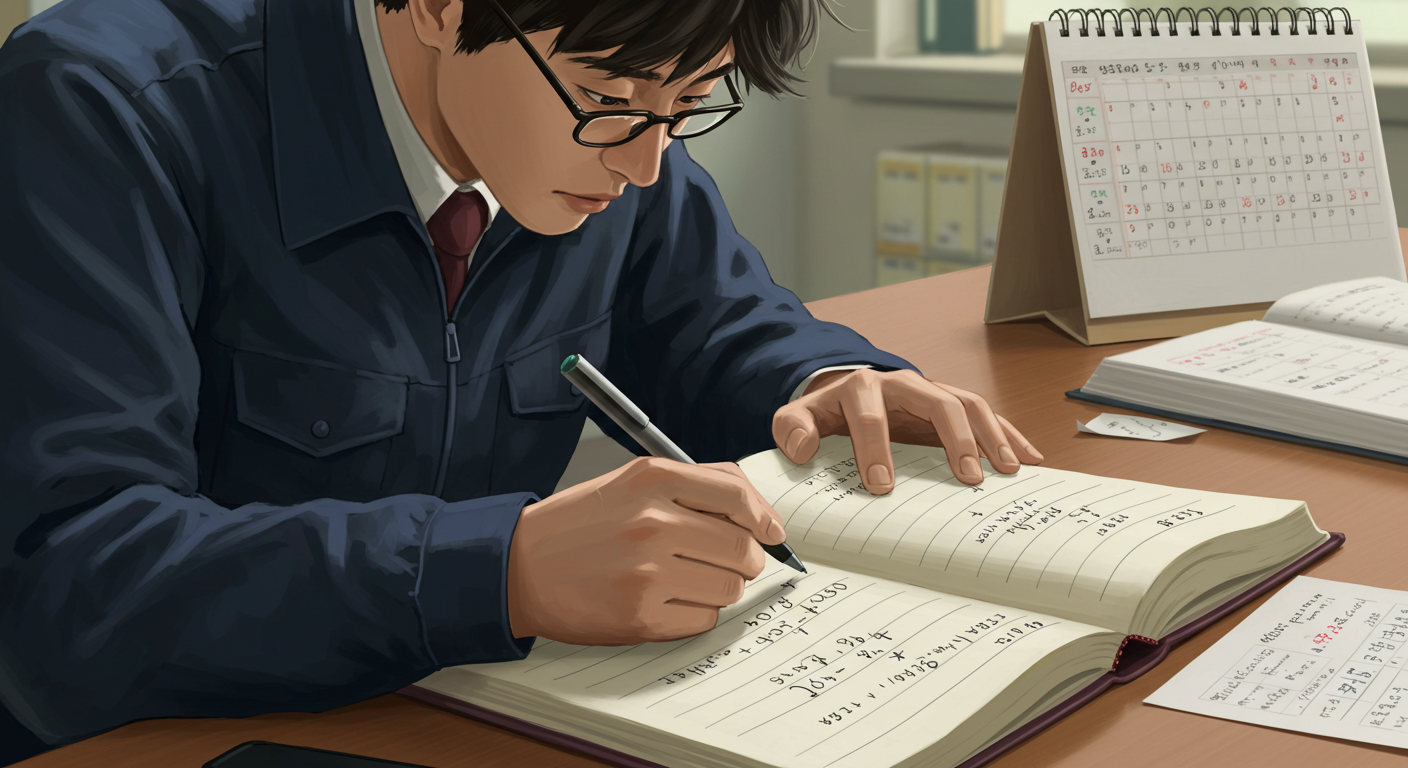 단기 근로자가 주휴수당 계산 공식을 기록하는 모습