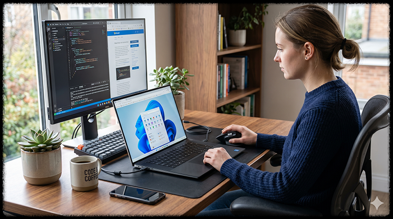 노트북에 외부 마우스를 연결해 사용하는 모습