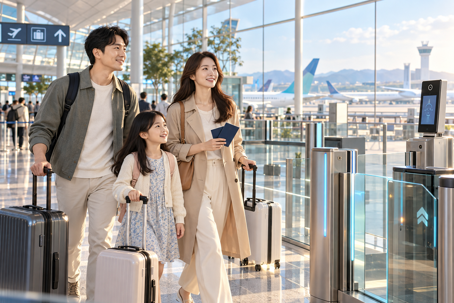 아이와 함께 여권을 챙겨 공항 출국장 입구로 향하는 가족