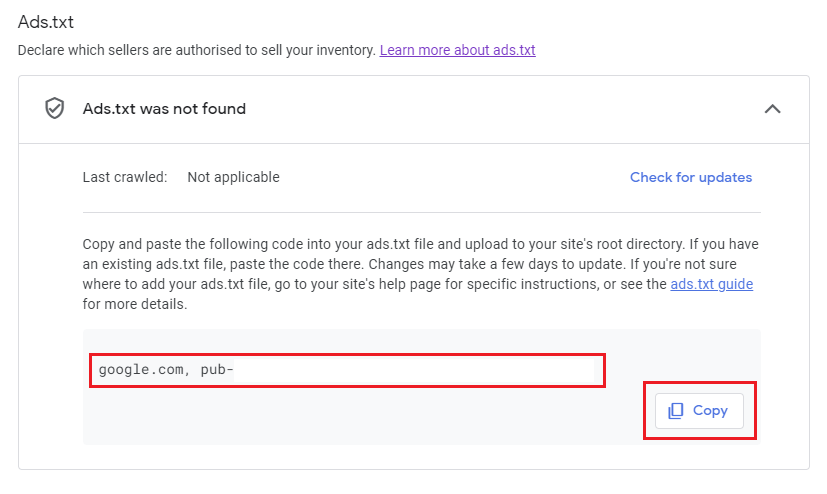 구글 애드센스 Ads.txt 내용 복사