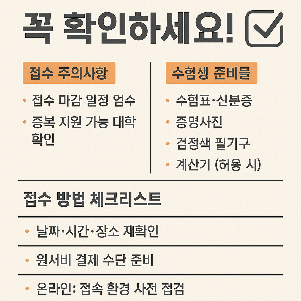 2026 수시 원서접수 일정과 주의사항 총정리｜합격 발표일&middot;정시 차이&middot;접수 방법&middot;출결&middot;준비물 완벽 가이드
