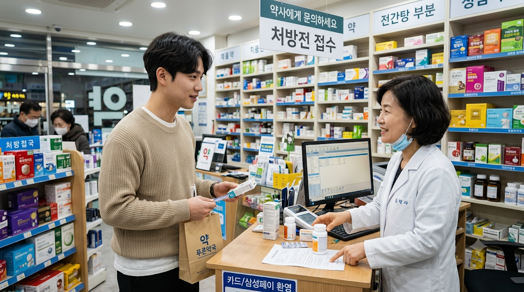 약사에게 약에 대해 물어보는 이미지