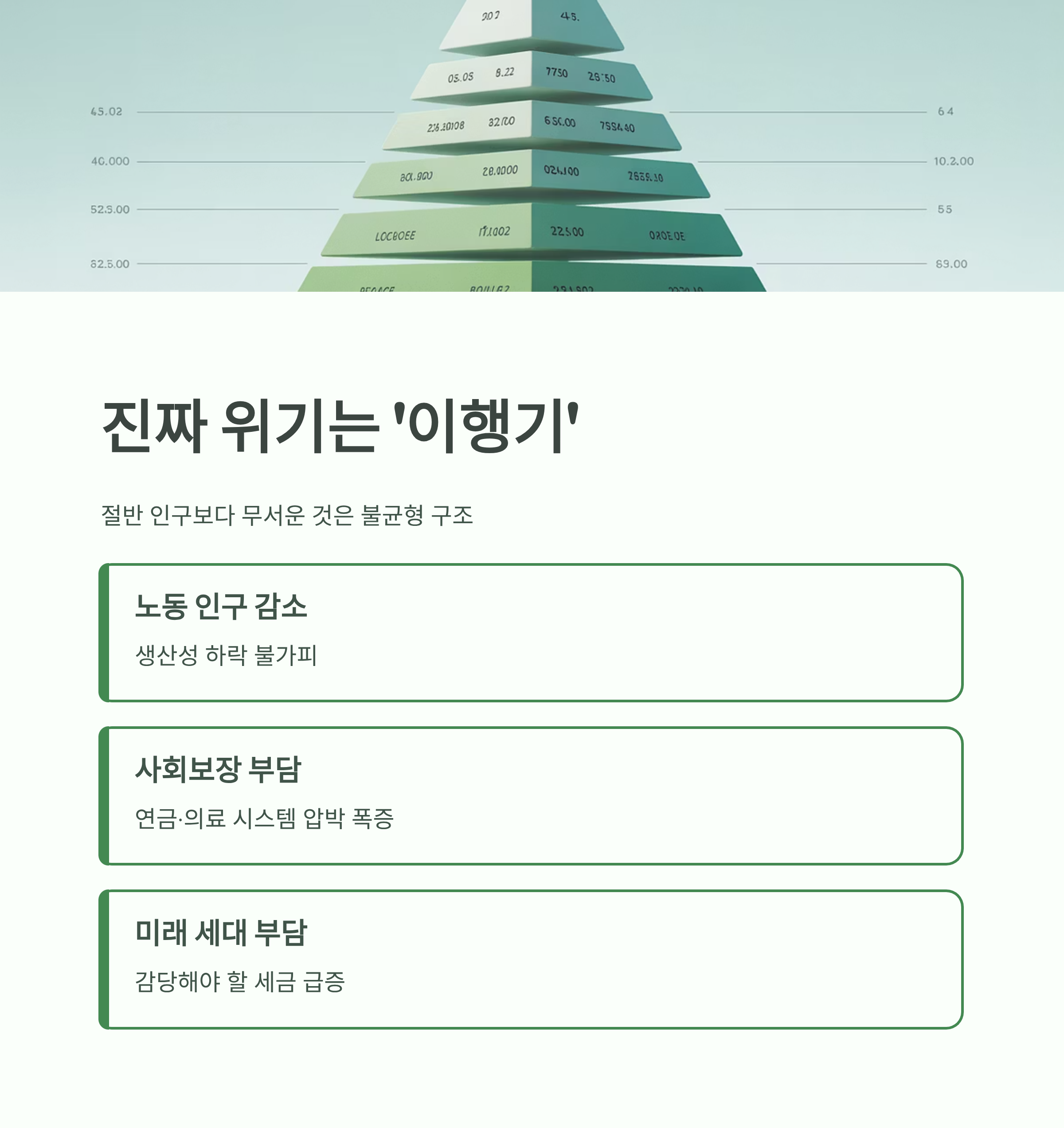 인구 구조 불균형으로 인한 노동력 감소, 사회보장 부담, 미래 세대 세금 증가 문제를 설명한 인포그래픽 이미지