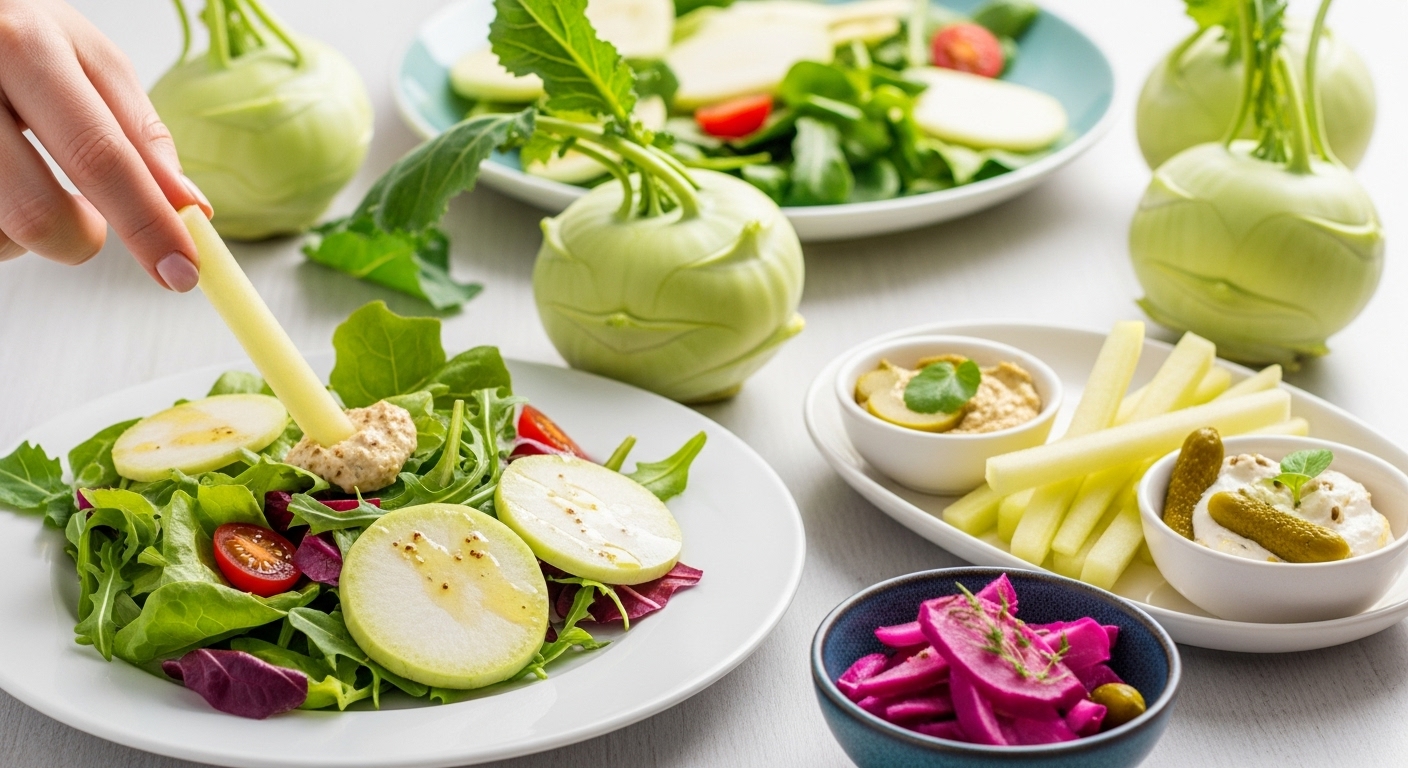 다양한 콜라비 요리들이 예쁘게 플레이팅된 식탁, 신선한 샐러드와 피클이 먹음직스럽다.
