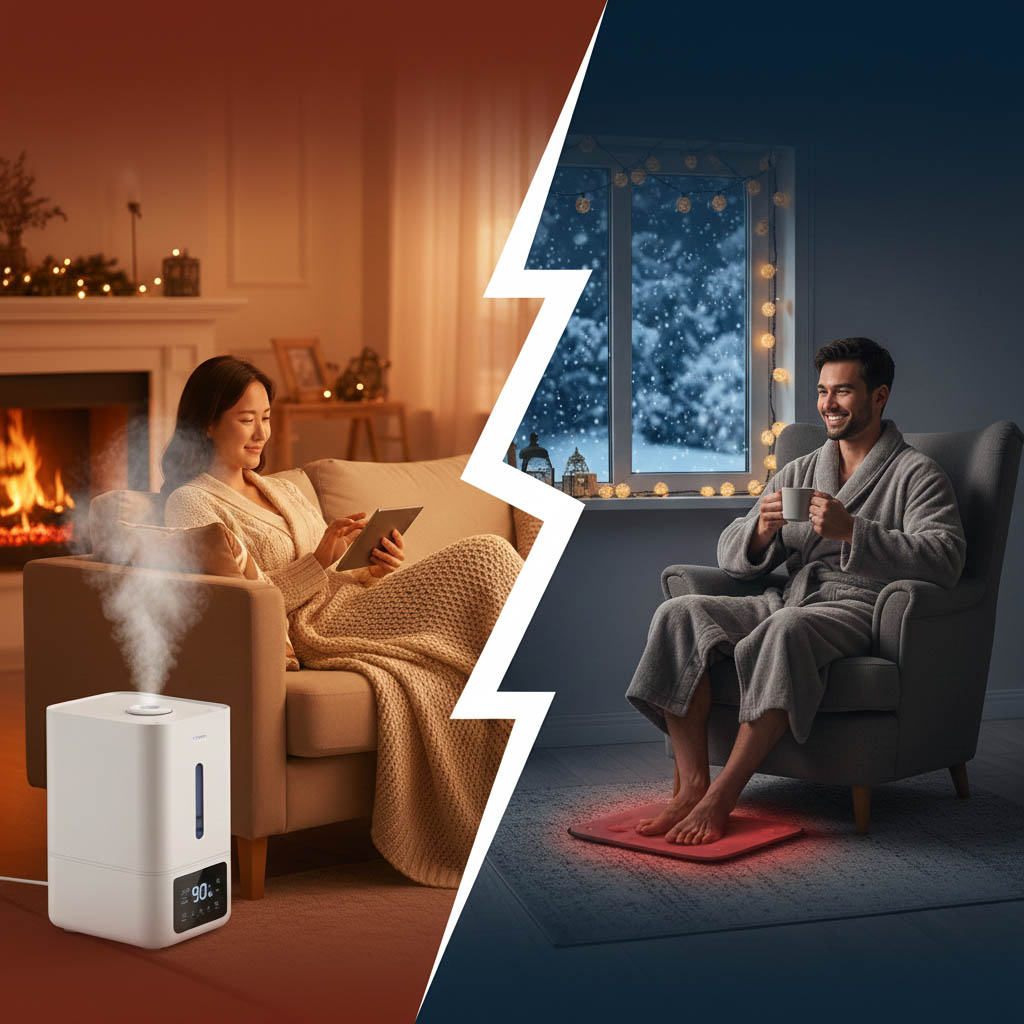 가습기를 사용하는 따뜻한 실내와 전기매트로 발을 녹이는 남성이 대비되어 있는 가습기 vs 전기매트 비교 이미지.