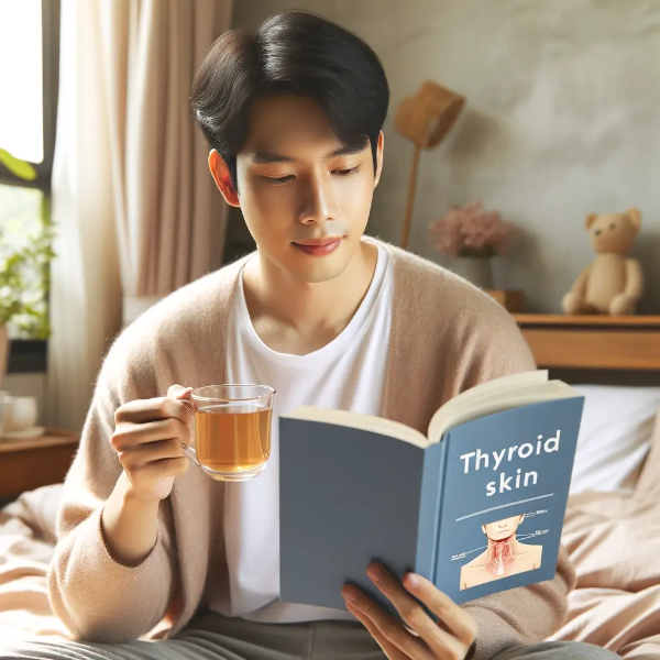 침대에서 건강 책을 읽으며 차를 마시는 동양인 남성