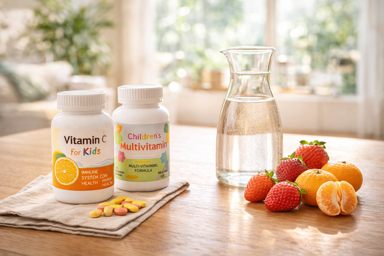원목 테이블 위에 정갈하게 놓인 아이용 면역력 관리 영양제 통들과 따뜻한 보리차가 담긴 유리병, 상큼한 딸기와 귤이 담긴 그릇. 햇살 드는 거실을 배경으로 신학기 증후군 예방을 위한 건강한 습관을 보여준다.