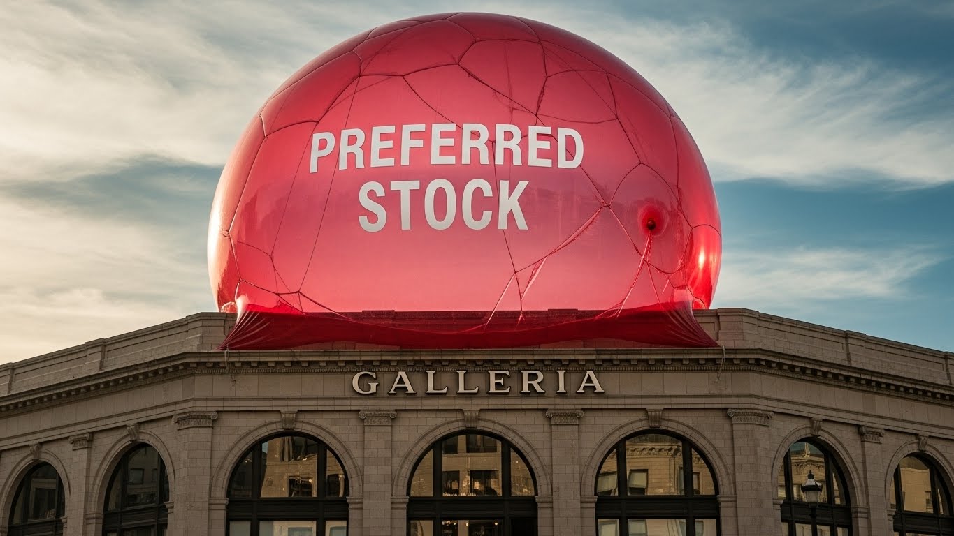 A giant red balloon (bubble) floating above a department store (Galleria) building. The balloon has 'Preferred Stock' written on it and looks like it's about to burst.