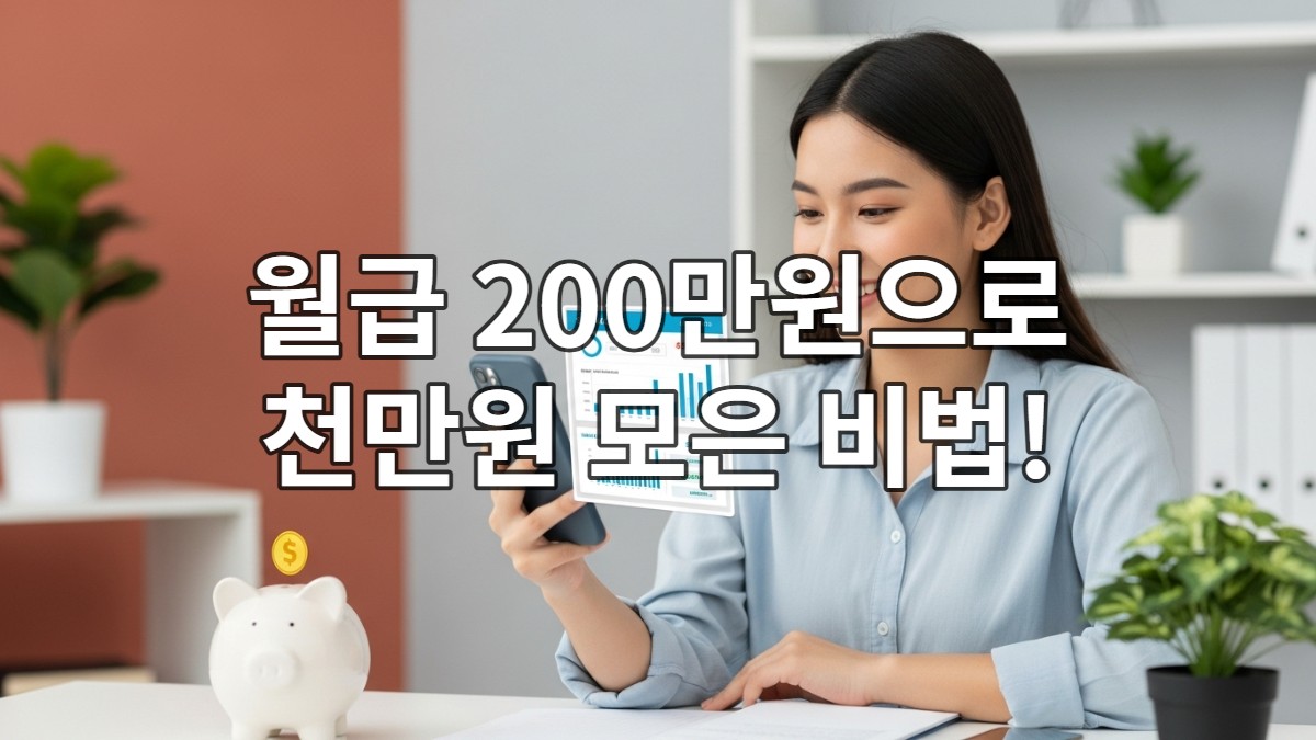 월급 200만원으로 1천만원을 모은 젊은 직장인이 스마트폰으로 재정 상황을 확인하며 자신감 있게 웃는 모습