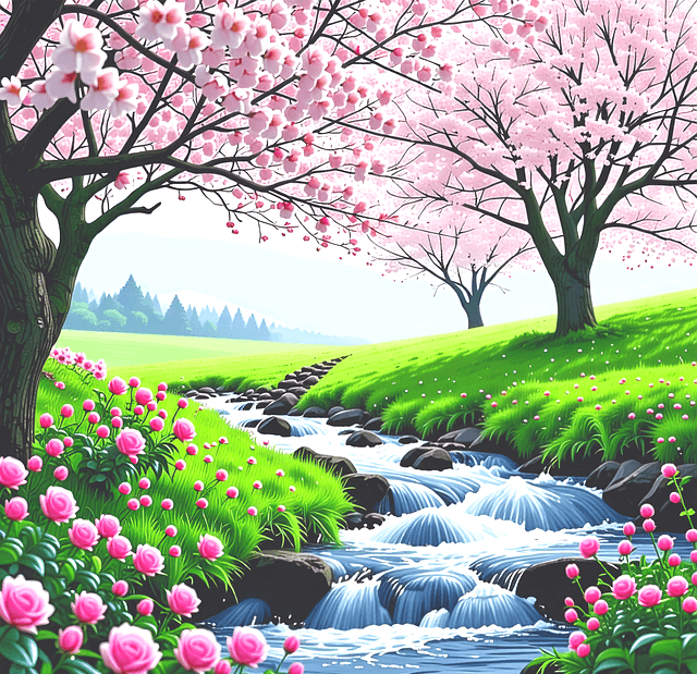들판에 시냇물이 세차게 흐르고 있다. 시냇가에는 분홍색 벚꾳이 가득 핀 나무들이 있다.