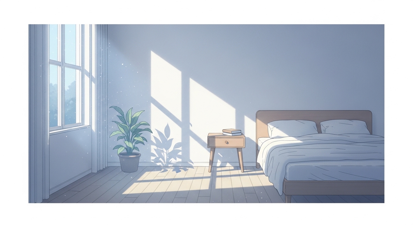 새벽빛이 스며드는 조용한 침실의 분위기