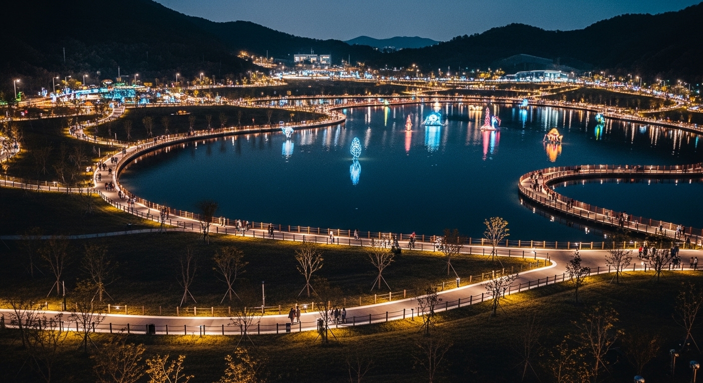 2025 구리 빛 축제 야경, 장자호수공원을 가득 채운 빛의 향연과 호수에 비친 조명