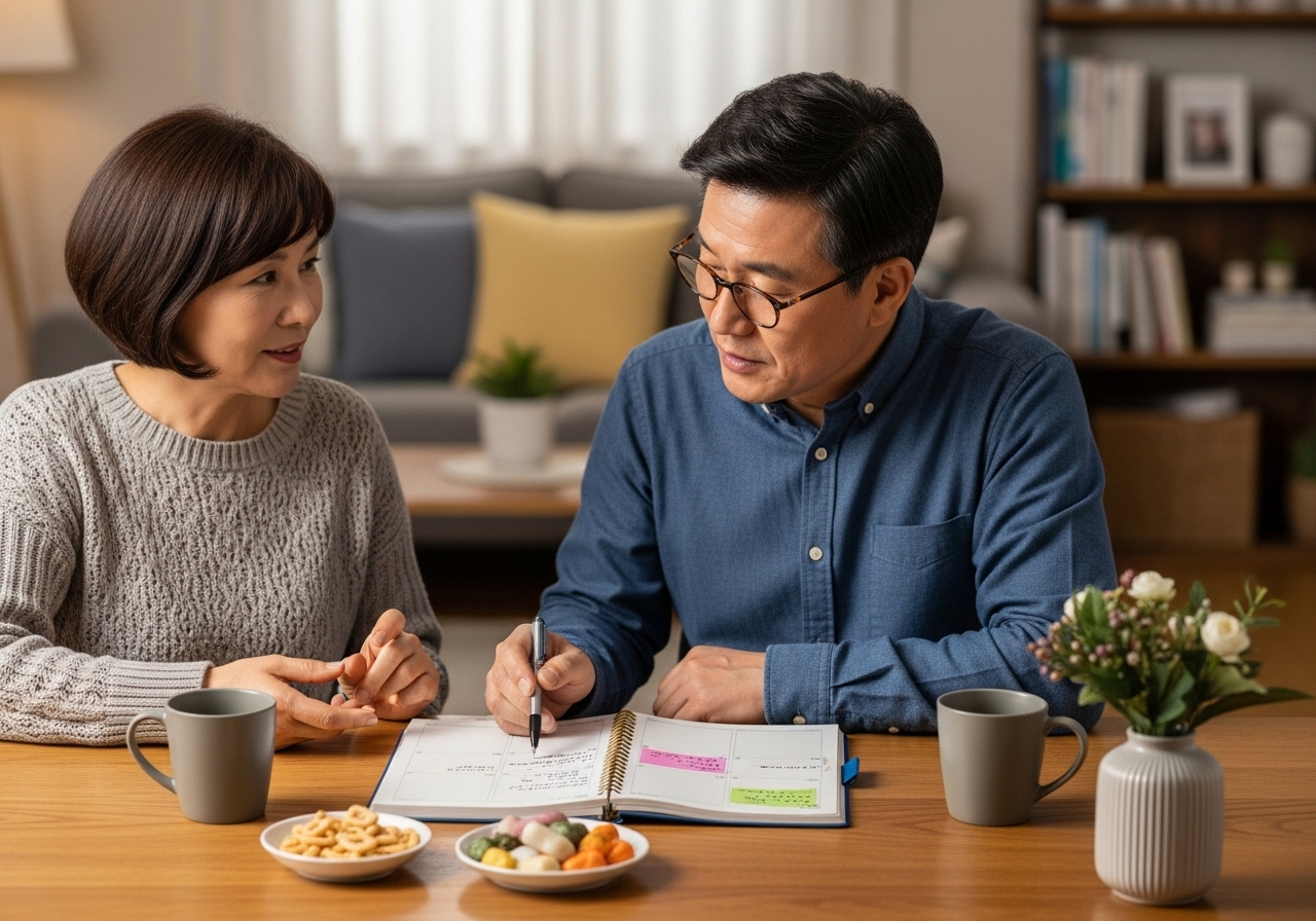 50대 부부가 루틴을 함께 계획하는 장면
