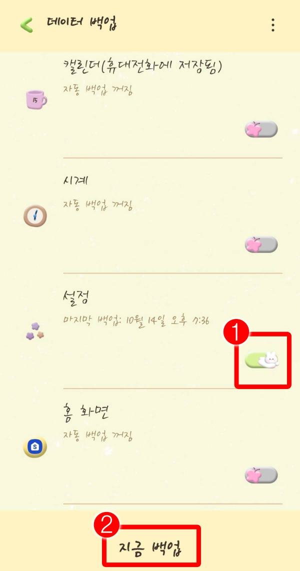 데이터 백업 설정-지금백업